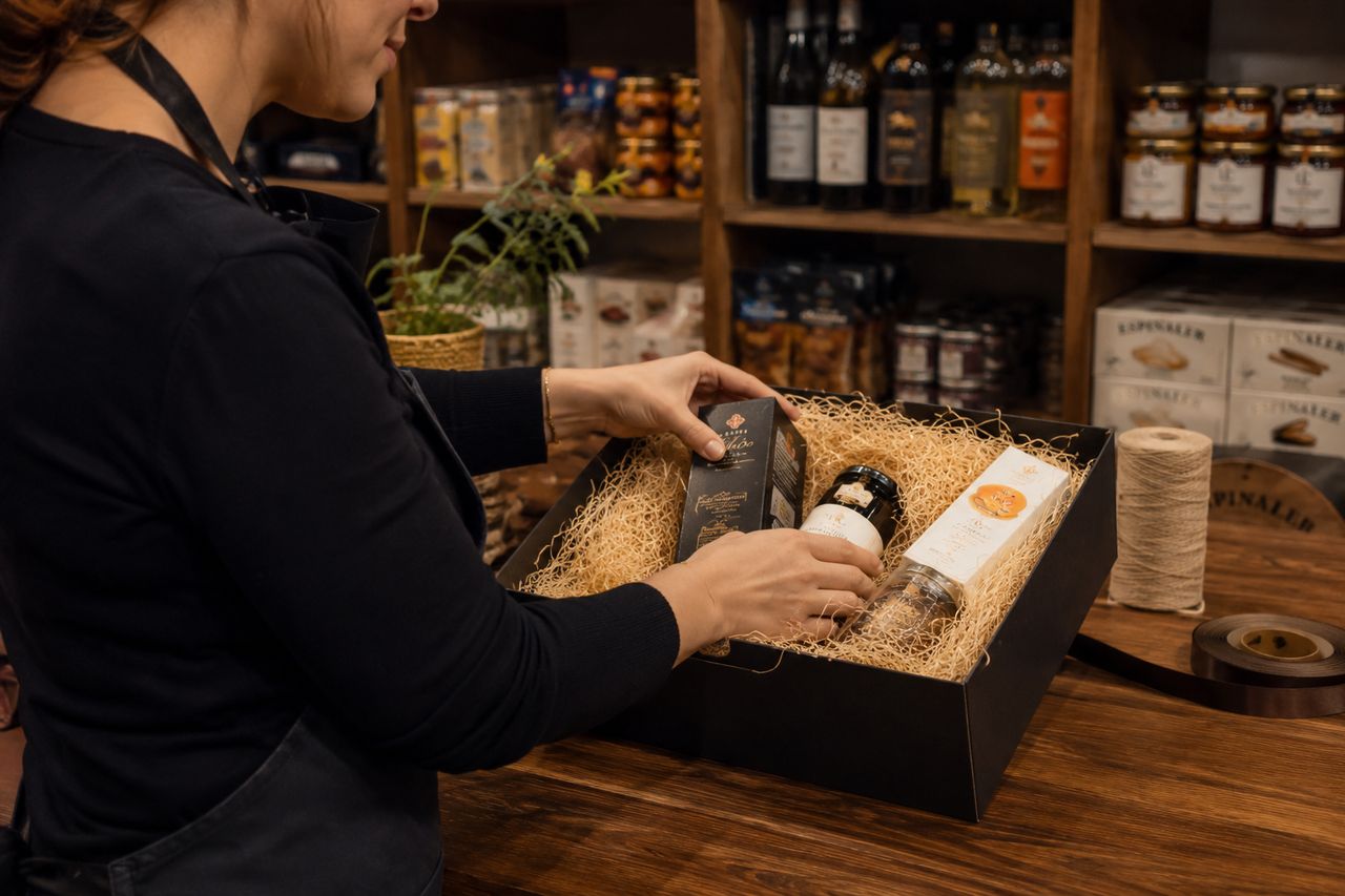Preparación artesanal de una cesta gourmet en tienda